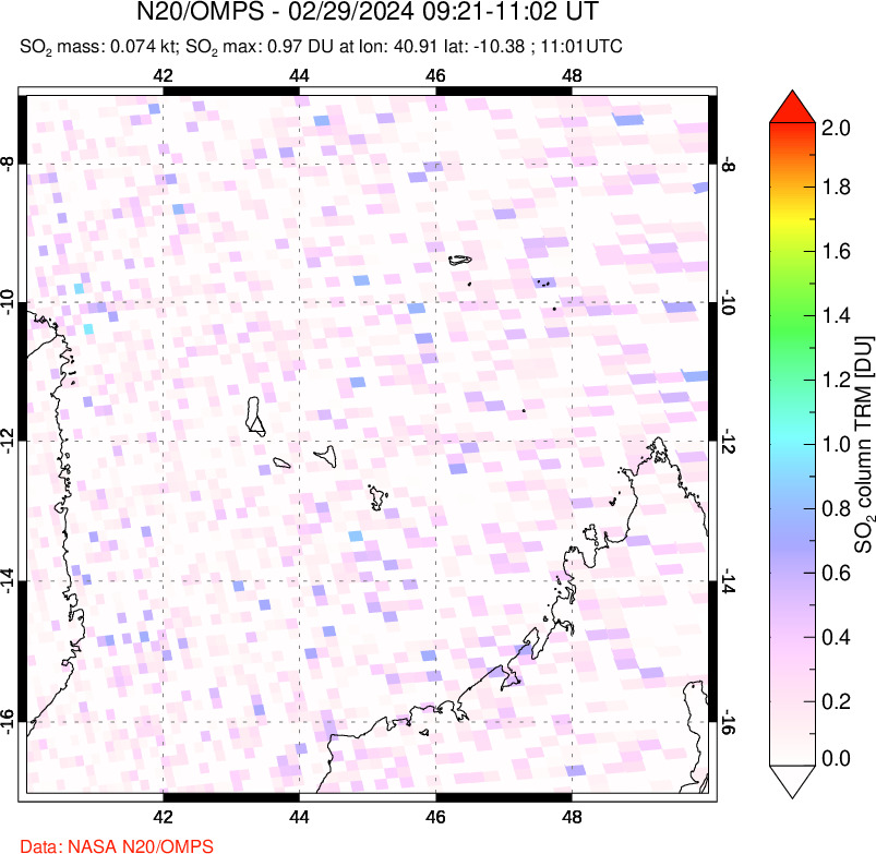 A sulfur dioxide image over Comoro Islands on Feb 29, 2024.