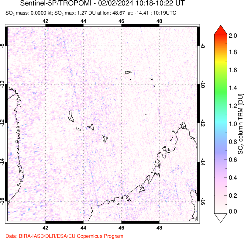 A sulfur dioxide image over Comoro Islands on Feb 02, 2024.