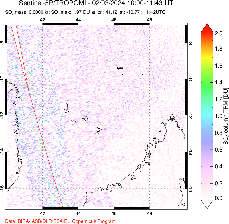 A sulfur dioxide image over Comoro Islands on Feb 03, 2024.