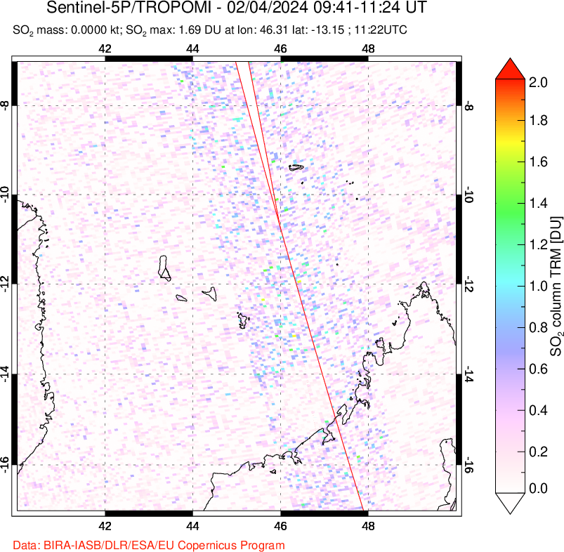 A sulfur dioxide image over Comoro Islands on Feb 04, 2024.