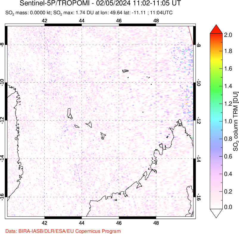 A sulfur dioxide image over Comoro Islands on Feb 05, 2024.