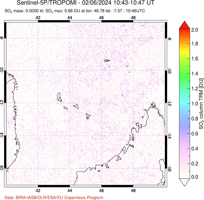 A sulfur dioxide image over Comoro Islands on Feb 06, 2024.