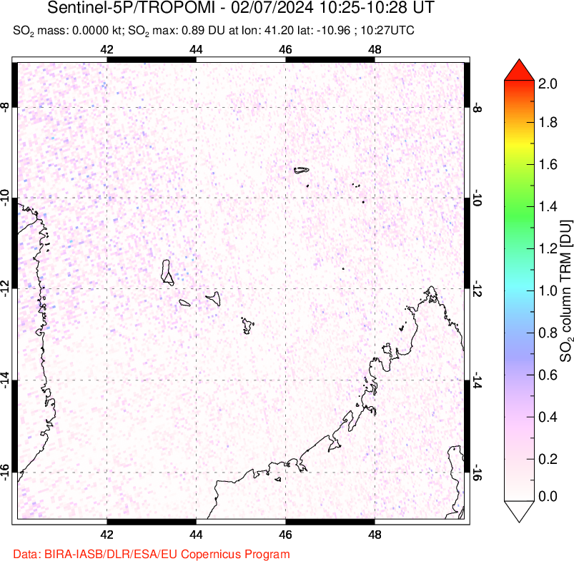 A sulfur dioxide image over Comoro Islands on Feb 07, 2024.