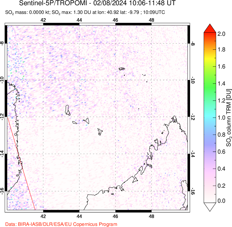 A sulfur dioxide image over Comoro Islands on Feb 08, 2024.