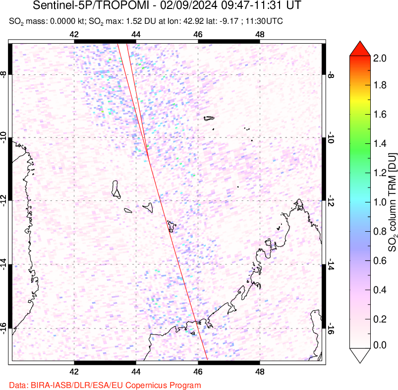 A sulfur dioxide image over Comoro Islands on Feb 09, 2024.