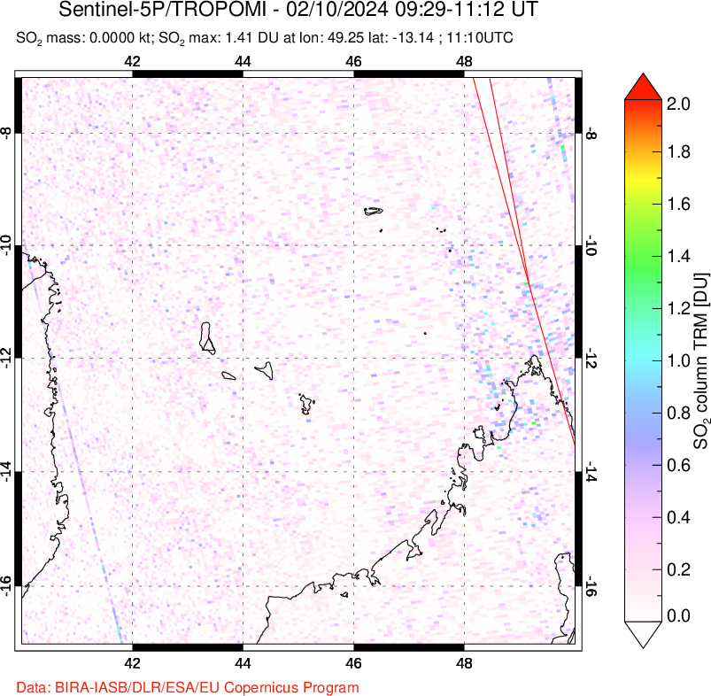 A sulfur dioxide image over Comoro Islands on Feb 10, 2024.