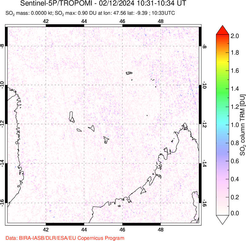 A sulfur dioxide image over Comoro Islands on Feb 12, 2024.