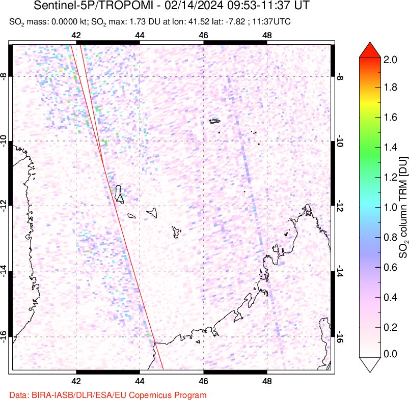 A sulfur dioxide image over Comoro Islands on Feb 14, 2024.