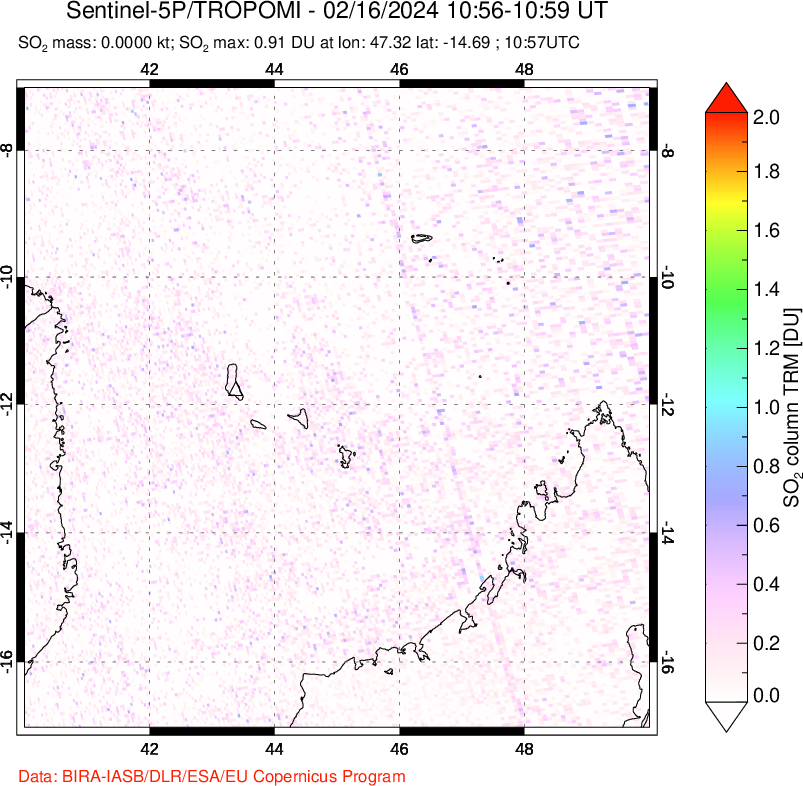 A sulfur dioxide image over Comoro Islands on Feb 16, 2024.