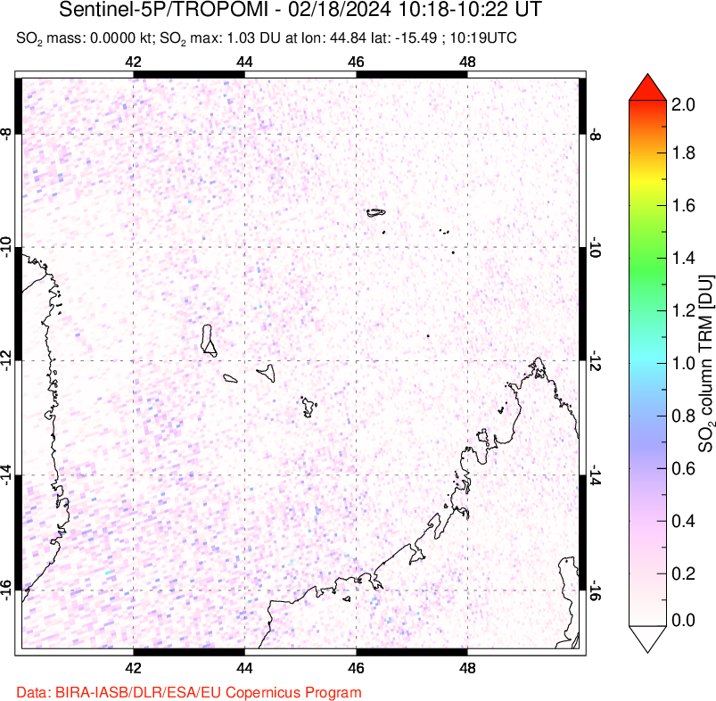 A sulfur dioxide image over Comoro Islands on Feb 18, 2024.