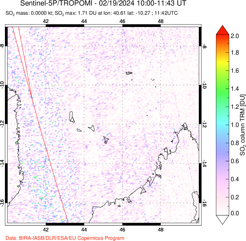 A sulfur dioxide image over Comoro Islands on Feb 19, 2024.