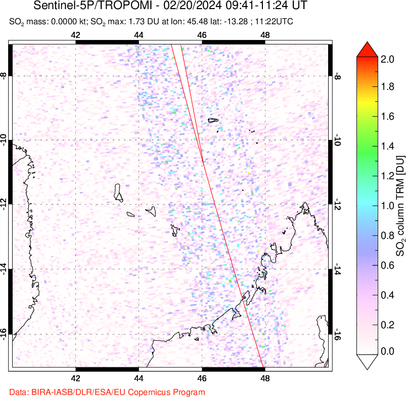 A sulfur dioxide image over Comoro Islands on Feb 20, 2024.