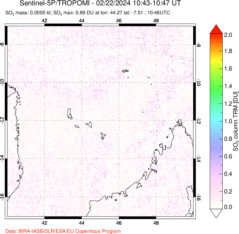 A sulfur dioxide image over Comoro Islands on Feb 22, 2024.