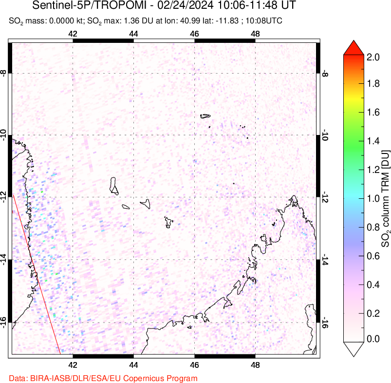 A sulfur dioxide image over Comoro Islands on Feb 24, 2024.