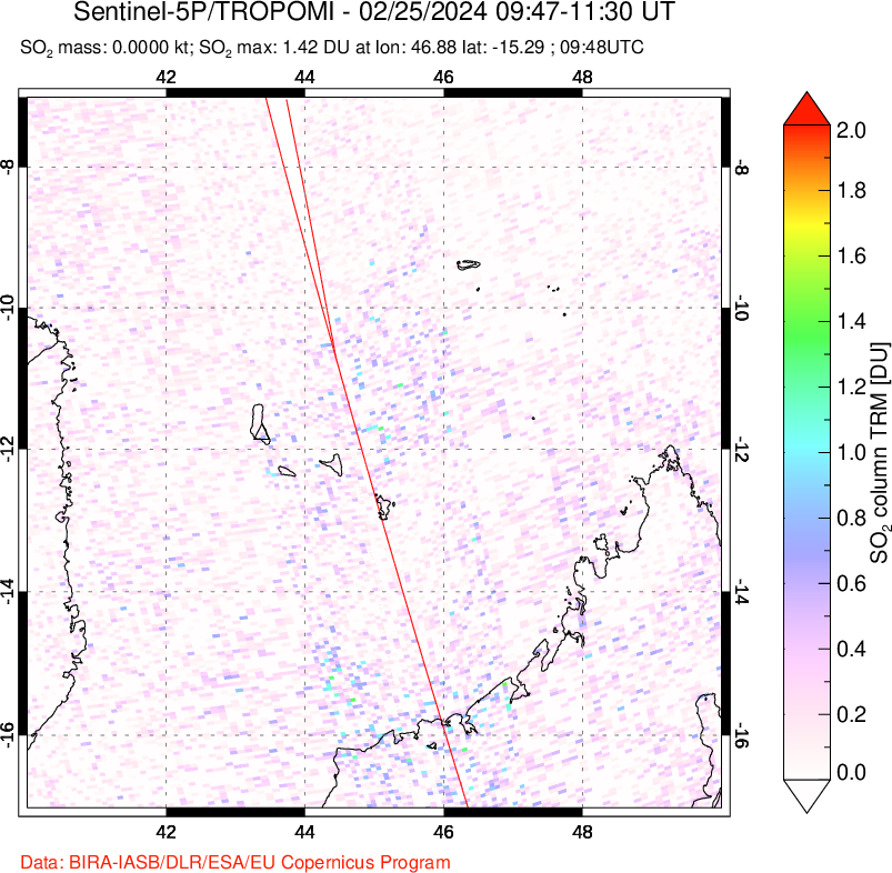 A sulfur dioxide image over Comoro Islands on Feb 25, 2024.