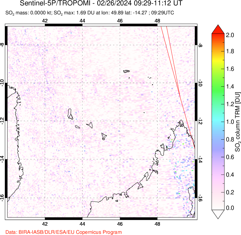 A sulfur dioxide image over Comoro Islands on Feb 26, 2024.