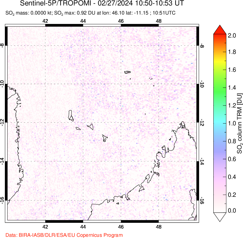 A sulfur dioxide image over Comoro Islands on Feb 27, 2024.