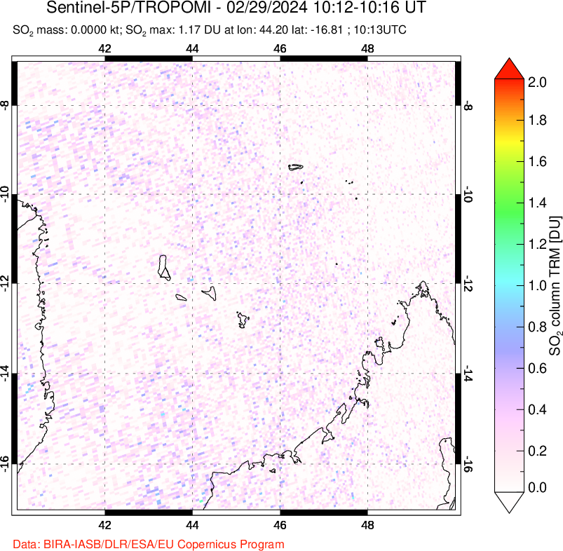 A sulfur dioxide image over Comoro Islands on Feb 29, 2024.