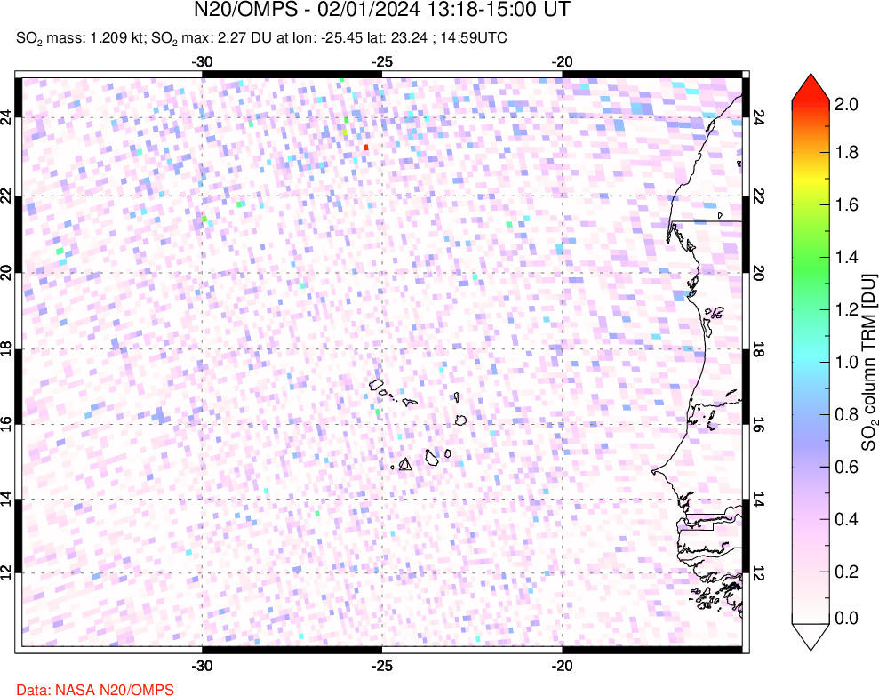 A sulfur dioxide image over Cape Verde Islands on Feb 01, 2024.