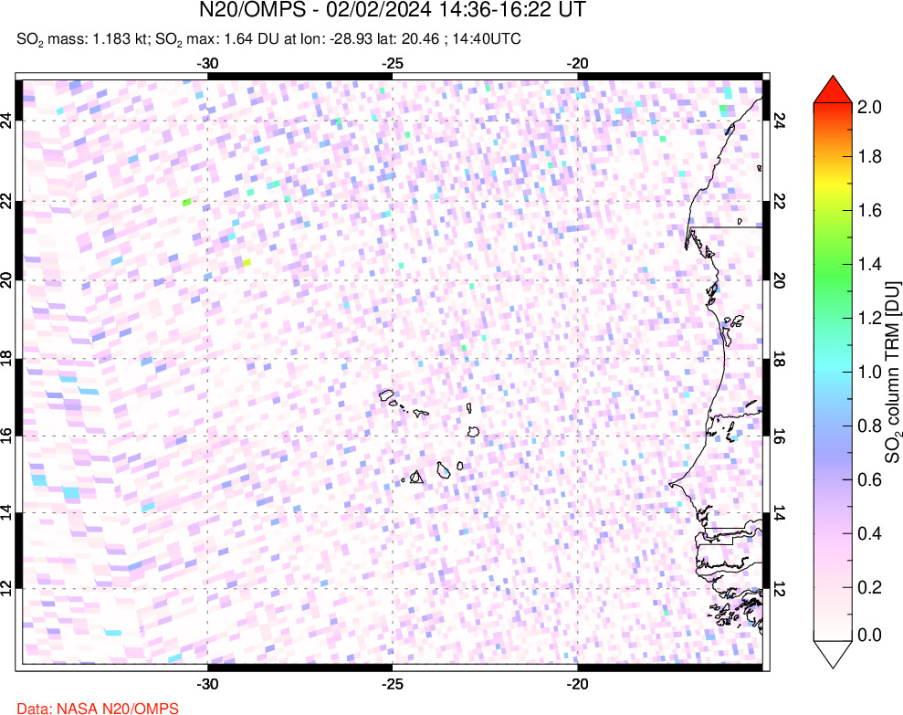 A sulfur dioxide image over Cape Verde Islands on Feb 02, 2024.