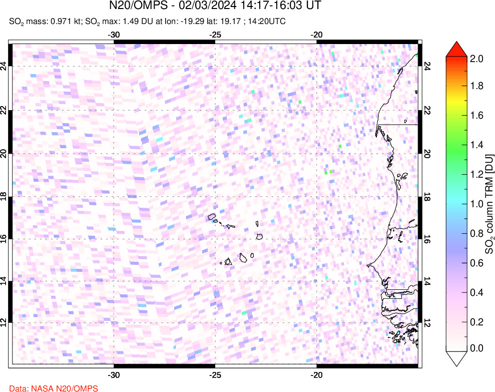 A sulfur dioxide image over Cape Verde Islands on Feb 03, 2024.