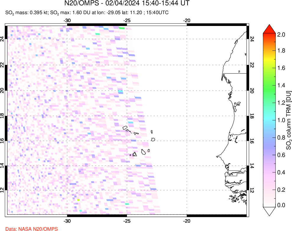 A sulfur dioxide image over Cape Verde Islands on Feb 04, 2024.