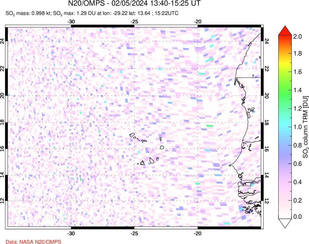 A sulfur dioxide image over Cape Verde Islands on Feb 05, 2024.