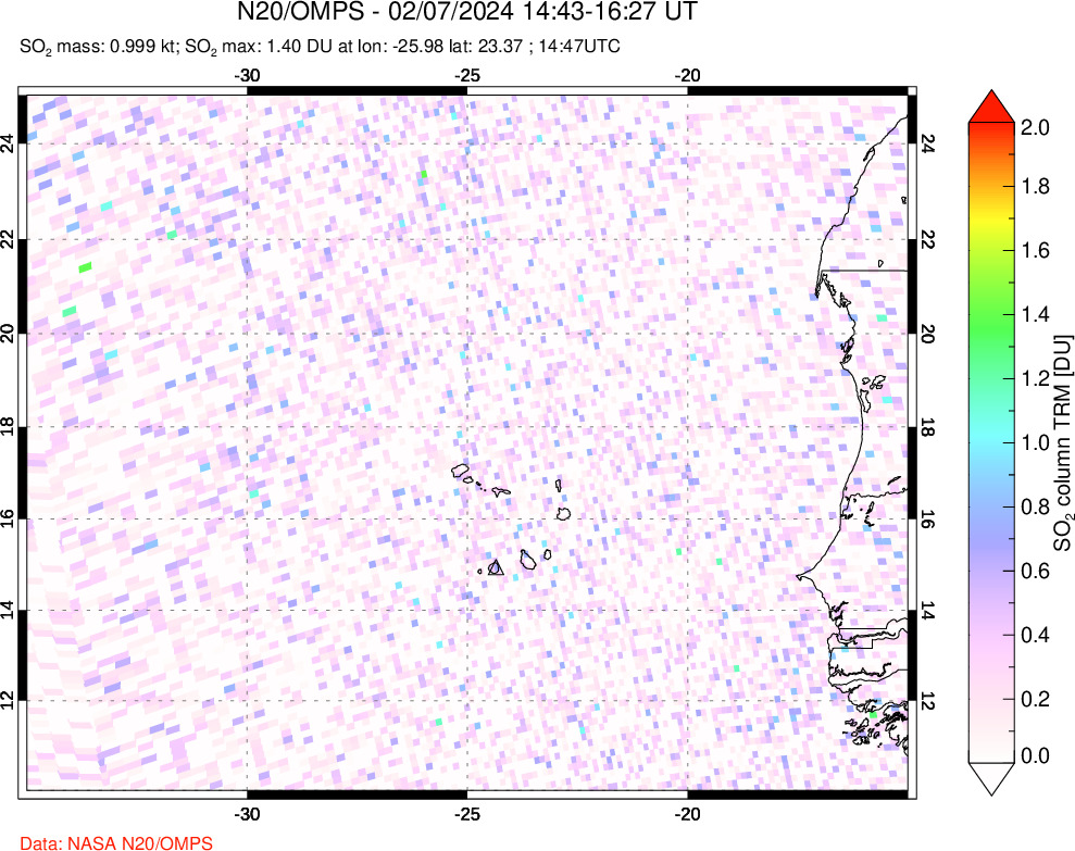 A sulfur dioxide image over Cape Verde Islands on Feb 07, 2024.