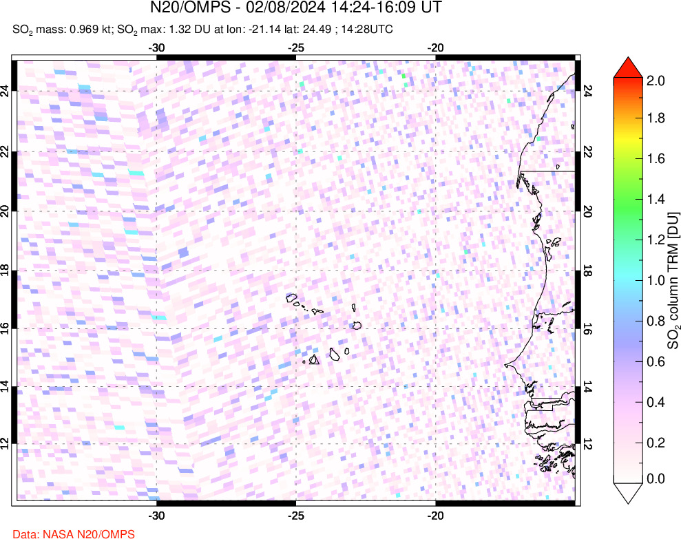 A sulfur dioxide image over Cape Verde Islands on Feb 08, 2024.