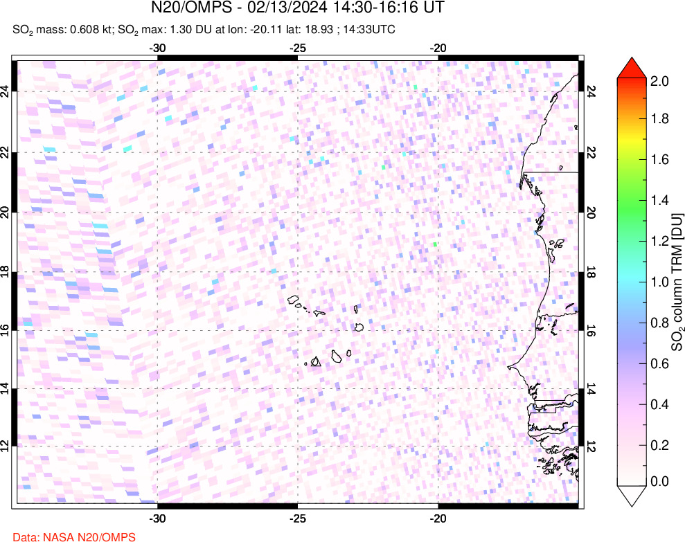 A sulfur dioxide image over Cape Verde Islands on Feb 13, 2024.