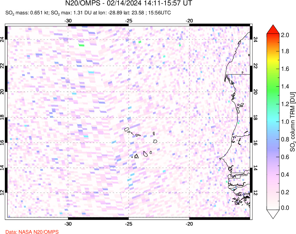 A sulfur dioxide image over Cape Verde Islands on Feb 14, 2024.