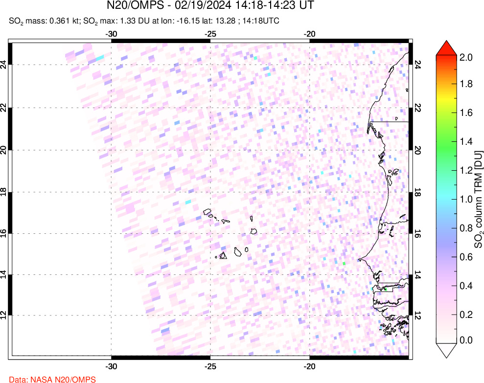 A sulfur dioxide image over Cape Verde Islands on Feb 19, 2024.