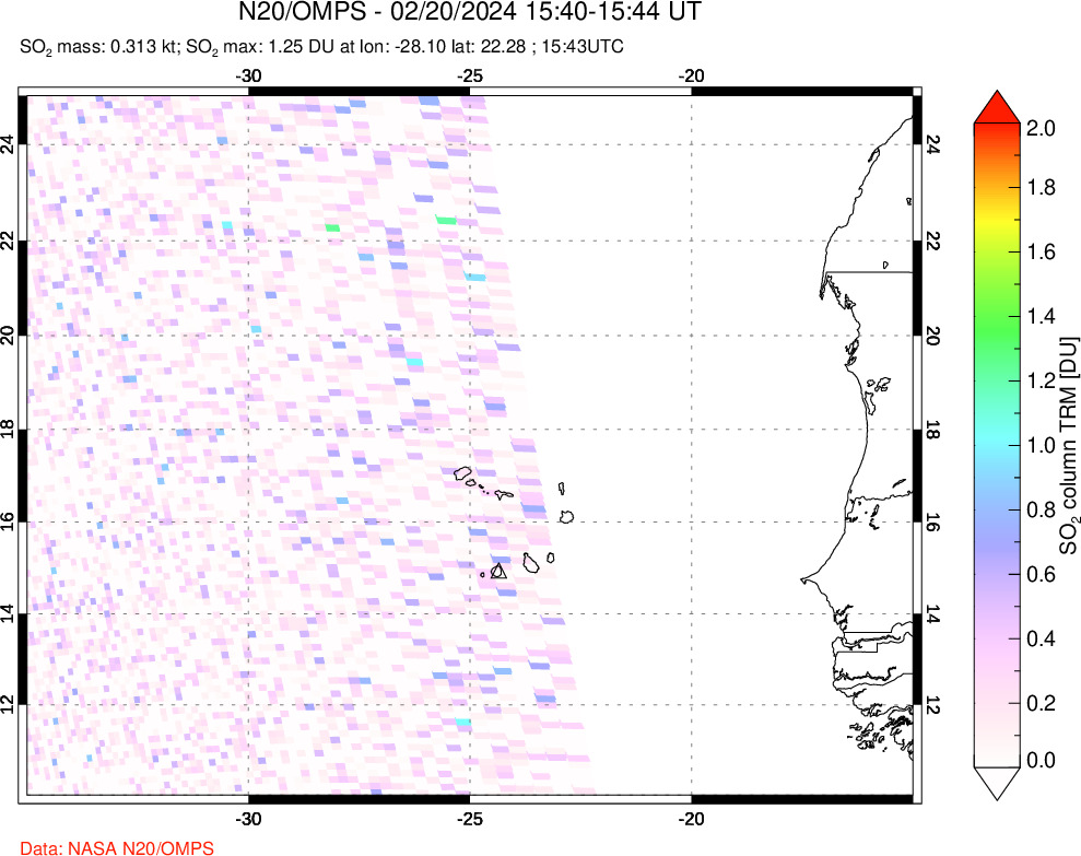 A sulfur dioxide image over Cape Verde Islands on Feb 20, 2024.