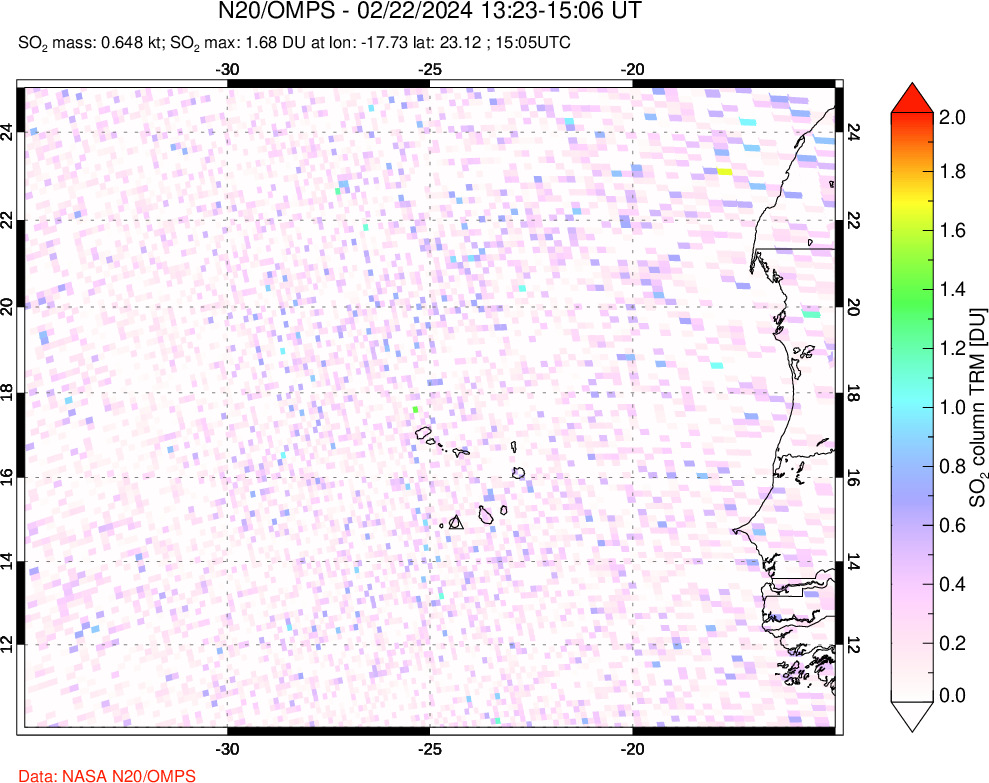 A sulfur dioxide image over Cape Verde Islands on Feb 22, 2024.