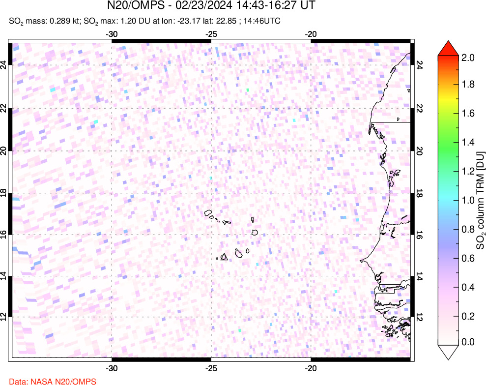 A sulfur dioxide image over Cape Verde Islands on Feb 23, 2024.