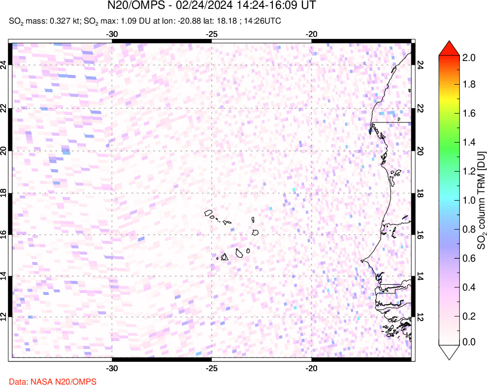 A sulfur dioxide image over Cape Verde Islands on Feb 24, 2024.