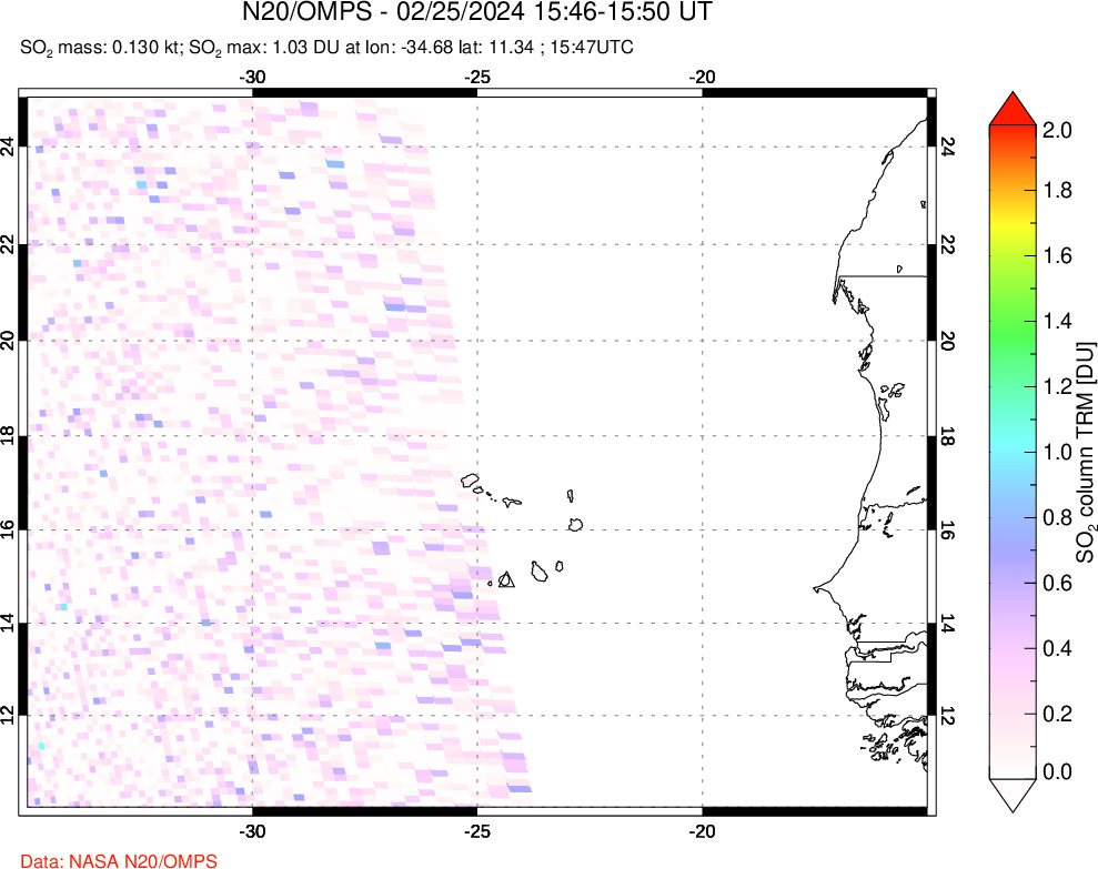 A sulfur dioxide image over Cape Verde Islands on Feb 25, 2024.