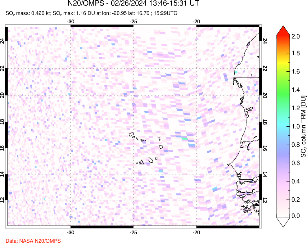 A sulfur dioxide image over Cape Verde Islands on Feb 26, 2024.