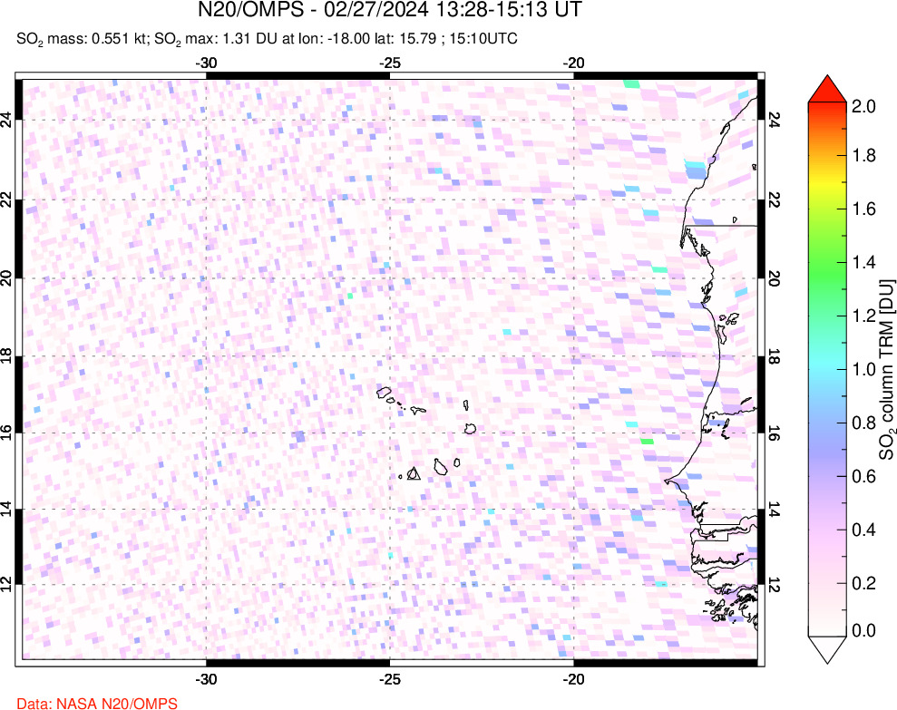 A sulfur dioxide image over Cape Verde Islands on Feb 27, 2024.