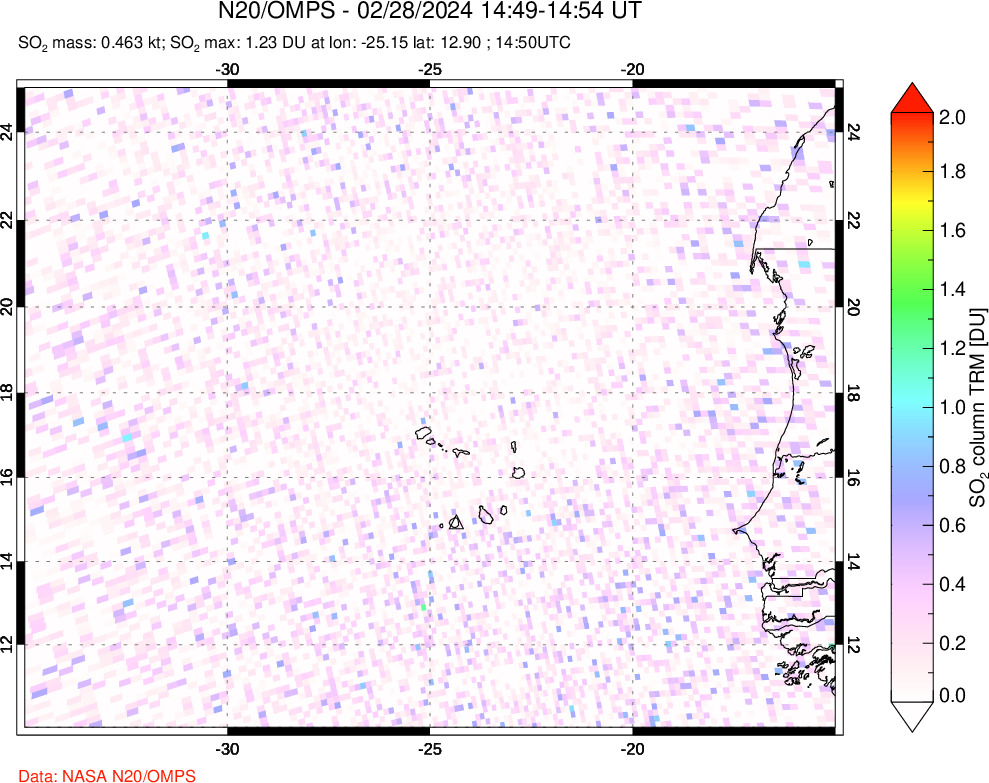 A sulfur dioxide image over Cape Verde Islands on Feb 28, 2024.