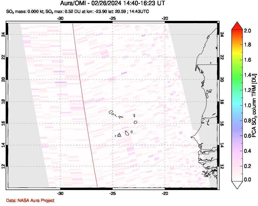 A sulfur dioxide image over Cape Verde Islands on Feb 26, 2024.