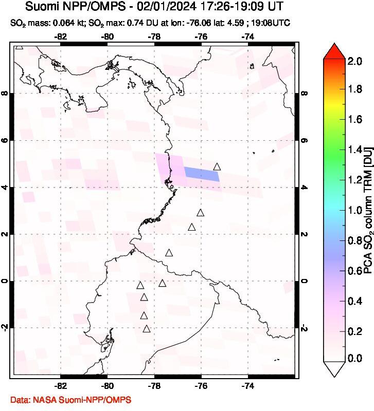 A sulfur dioxide image over Ecuador on Feb 01, 2024.