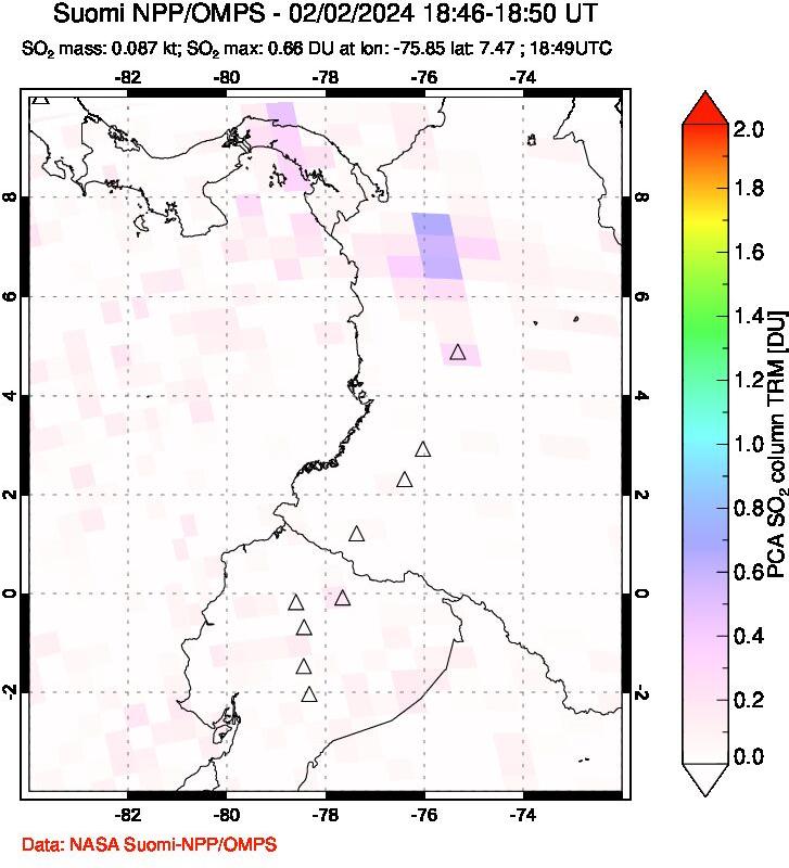 A sulfur dioxide image over Ecuador on Feb 02, 2024.