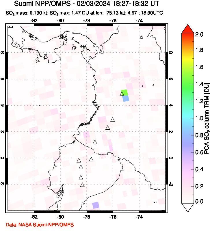 A sulfur dioxide image over Ecuador on Feb 03, 2024.