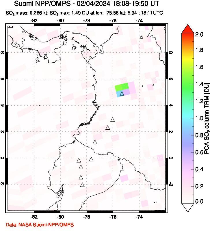 A sulfur dioxide image over Ecuador on Feb 04, 2024.