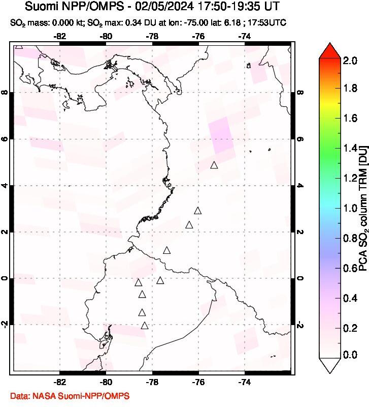 A sulfur dioxide image over Ecuador on Feb 05, 2024.