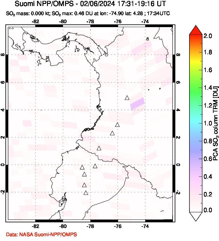 A sulfur dioxide image over Ecuador on Feb 06, 2024.