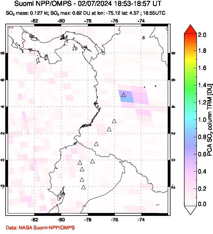 A sulfur dioxide image over Ecuador on Feb 07, 2024.