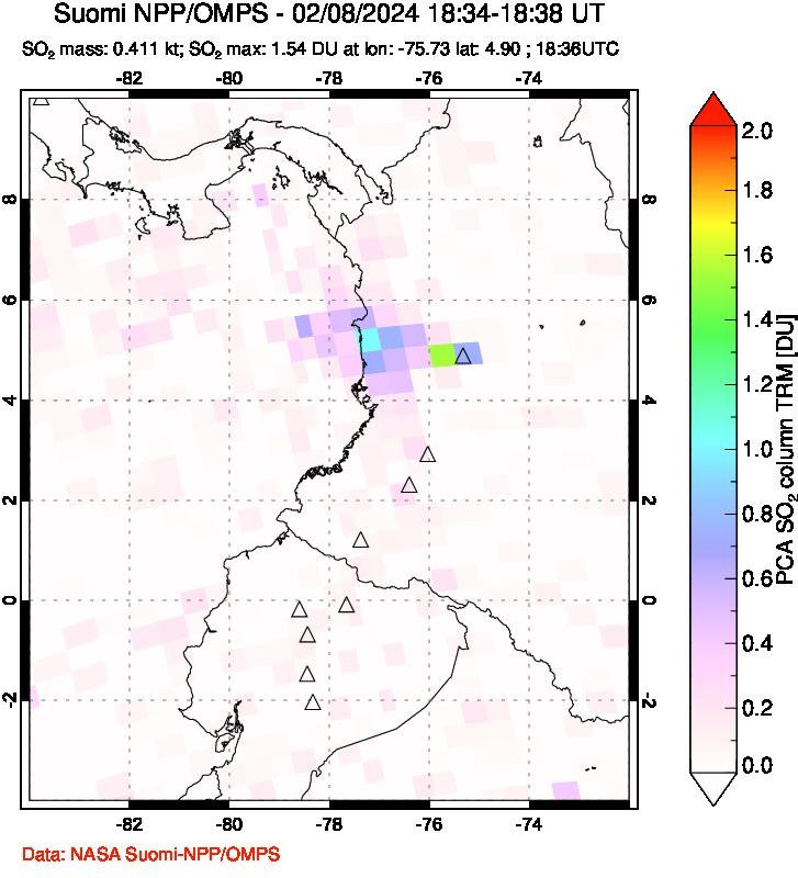 A sulfur dioxide image over Ecuador on Feb 08, 2024.