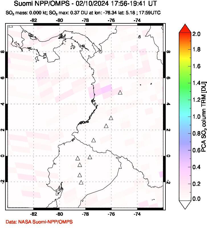 A sulfur dioxide image over Ecuador on Feb 10, 2024.